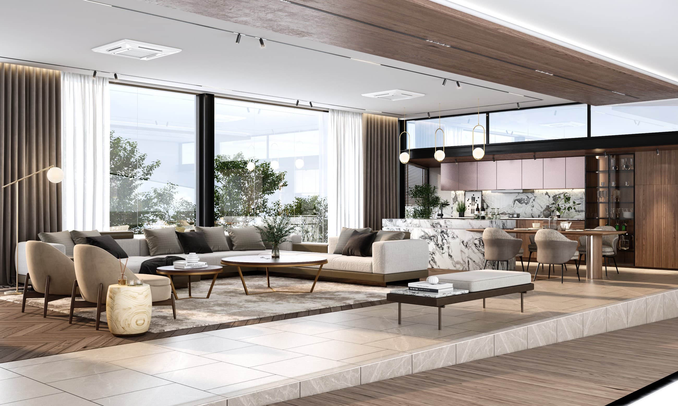 Warm residential living and kitchen interior visualization