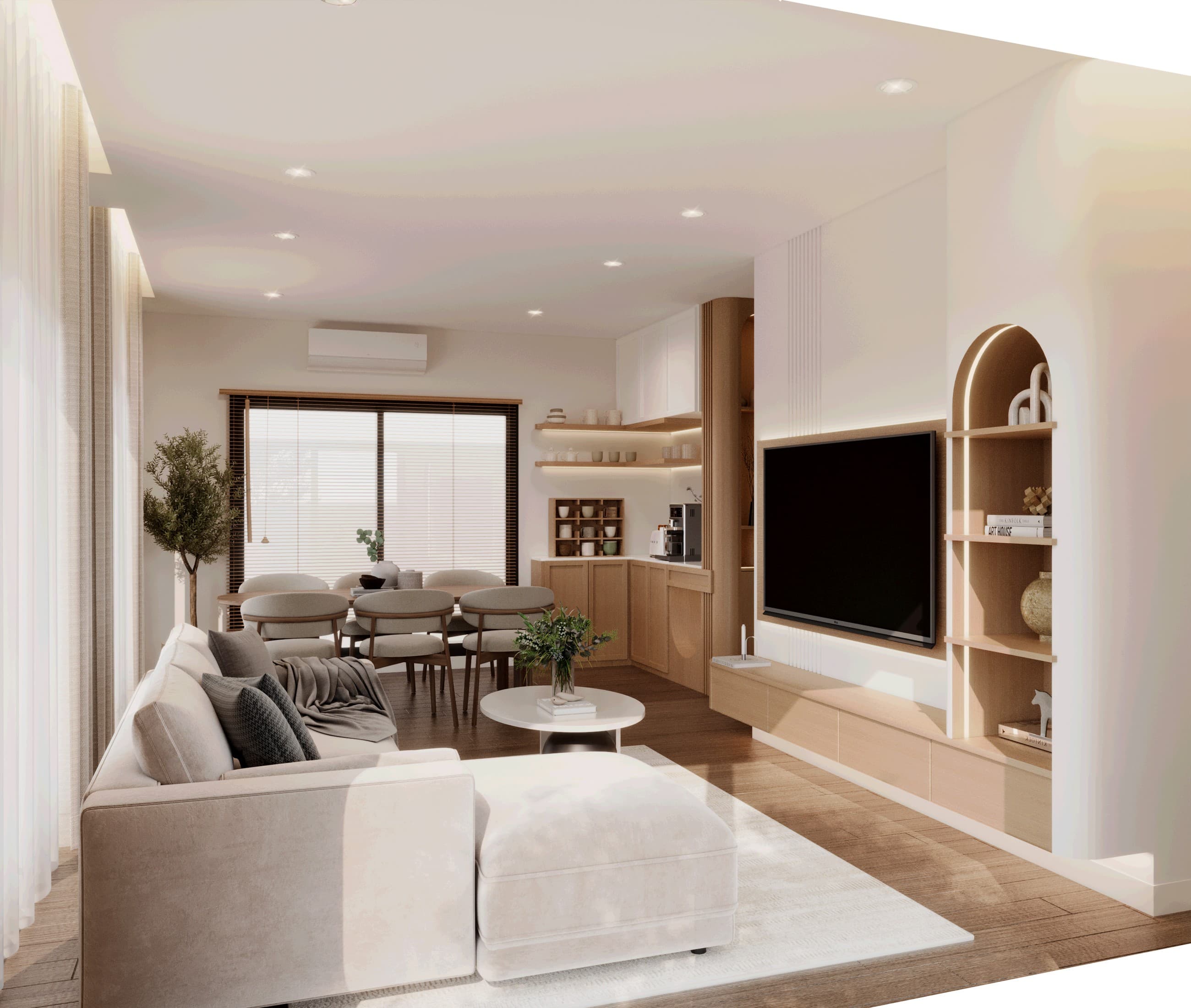 Warm minimal living room interior render with wood details