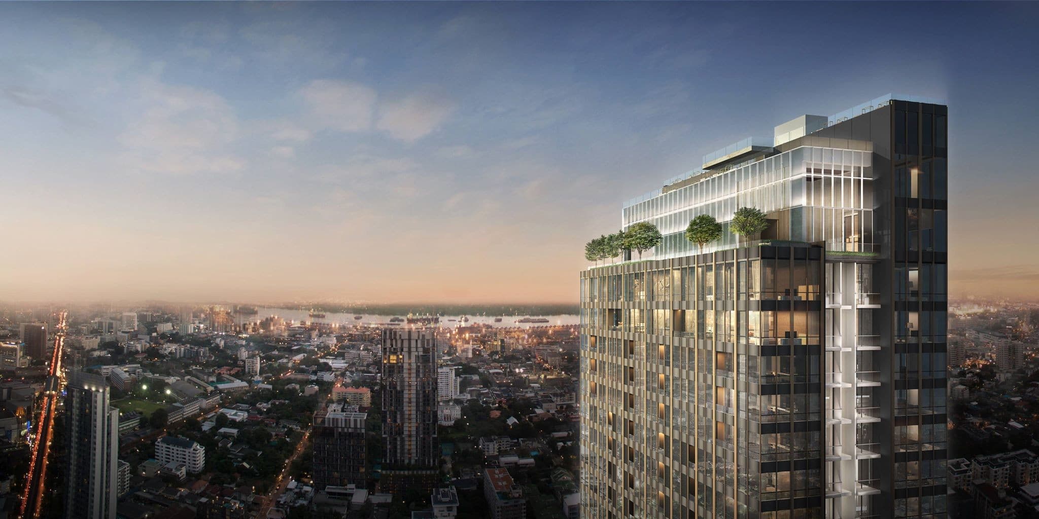 High-rise exterior visualization at dusk over Bangkok